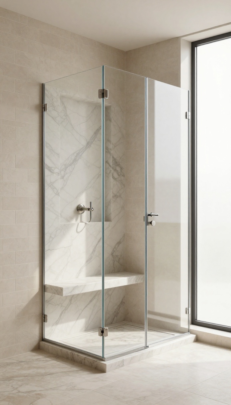 Modern shower with natural stone marble insert and bench, bright natural light