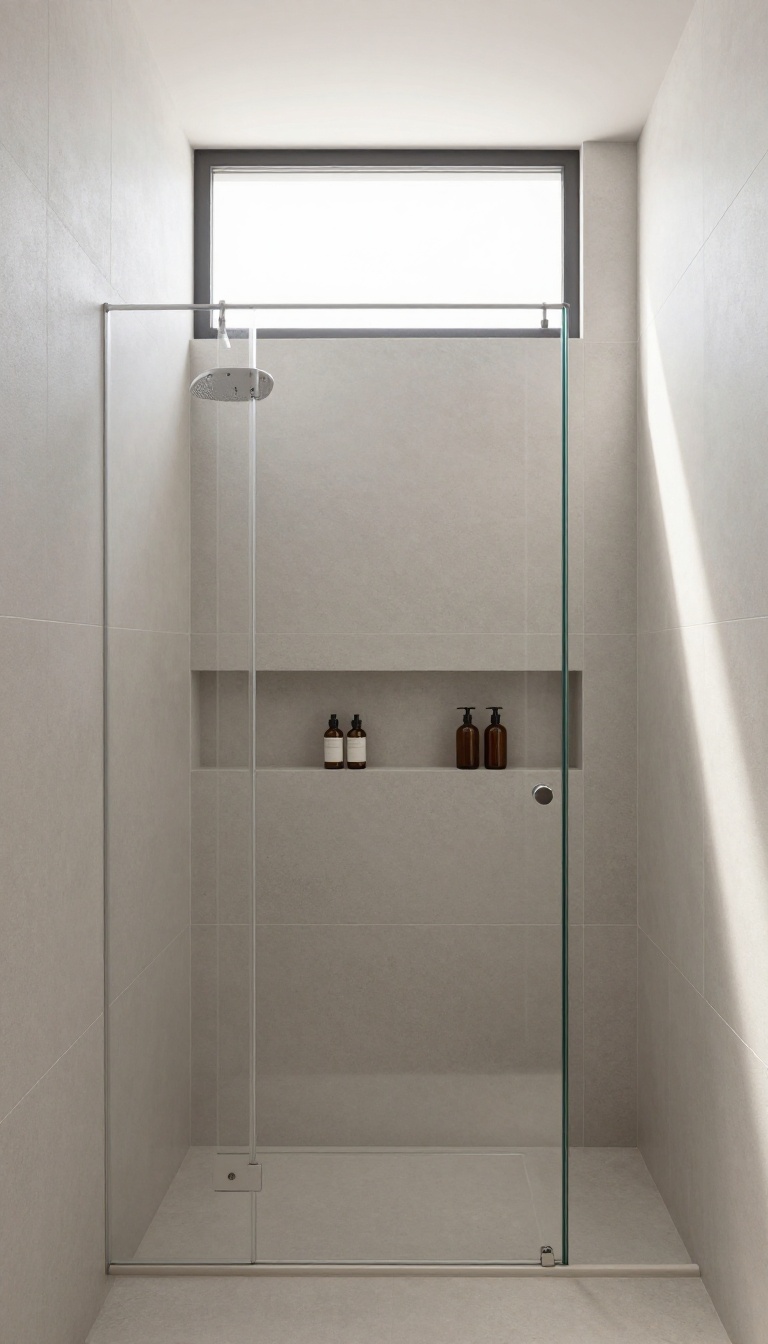 Small shower room with a recessed tile niche storing shampoo bottles, modern and clean design
