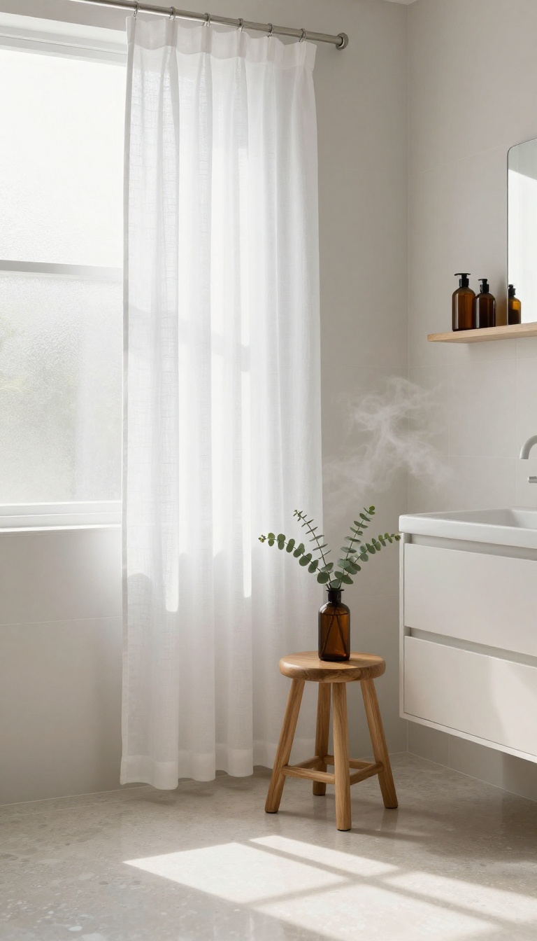 White linen shower curtain in a bright bathroom with wooden accents and eucalyptus