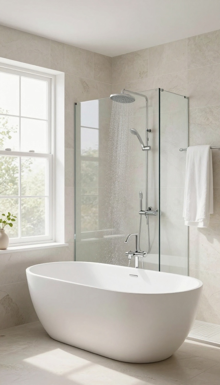 Freestanding bathtub and open walk-in shower combo with glass divider in a bright, spa-like bathroom