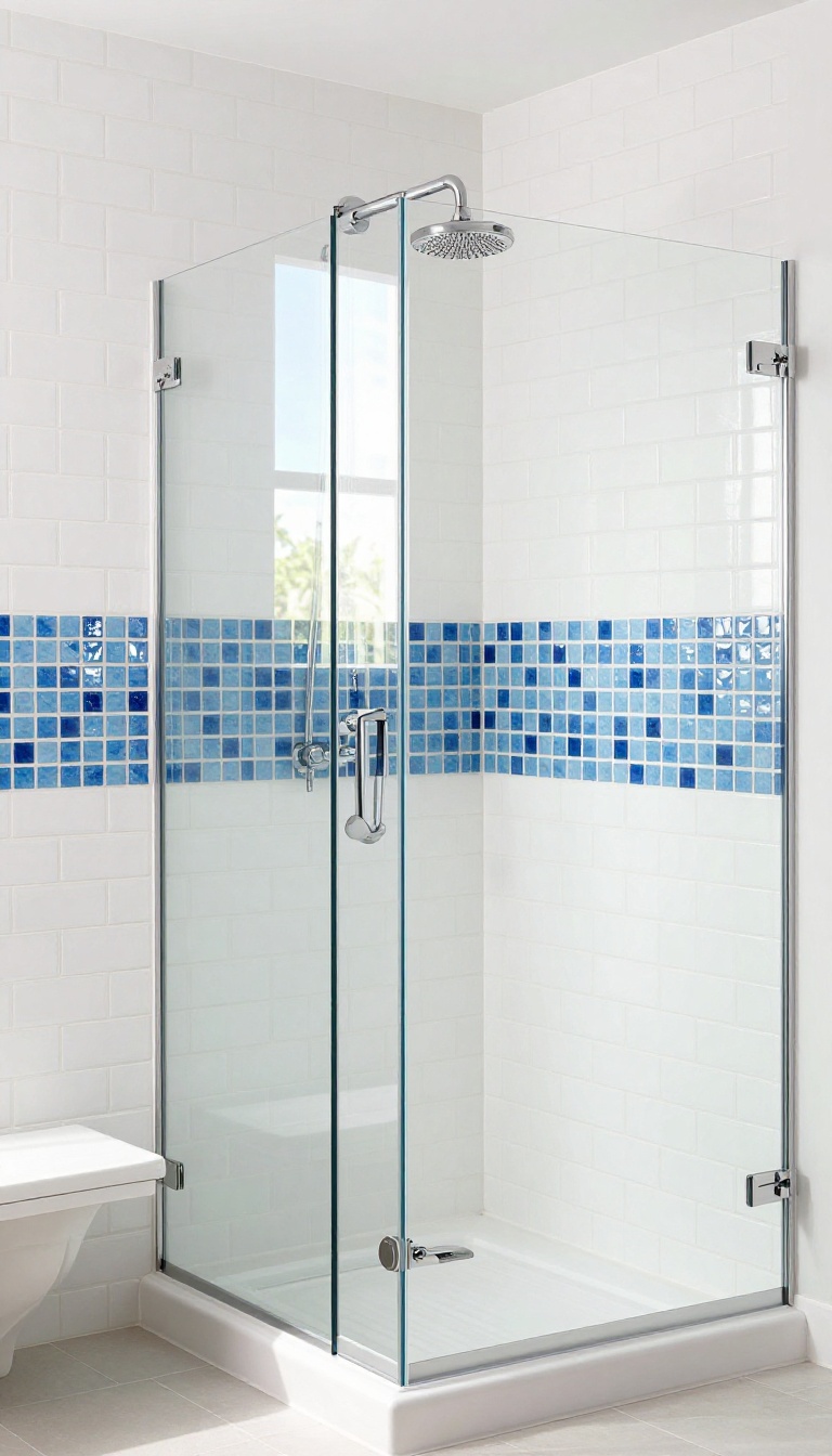 White subway tile shower with a sky blue glass mosaic accent strip at eye level