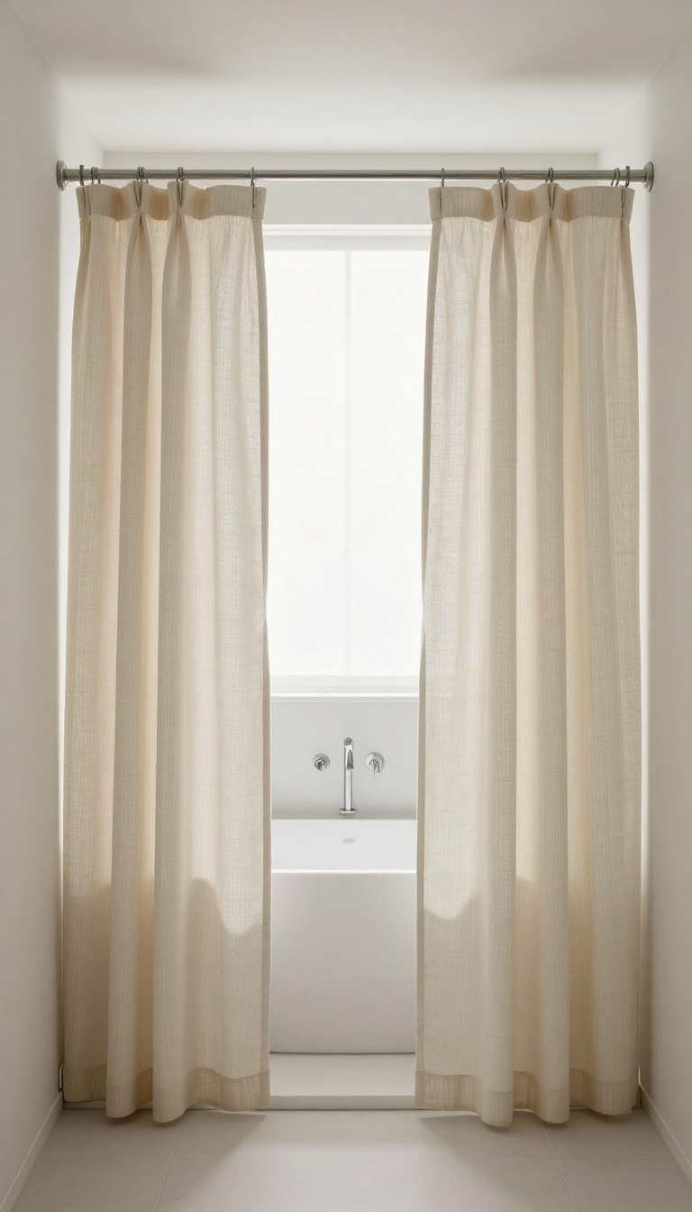 Modern bathroom with double shower curtain rods, layered linen curtain and clear liner, bright natural light