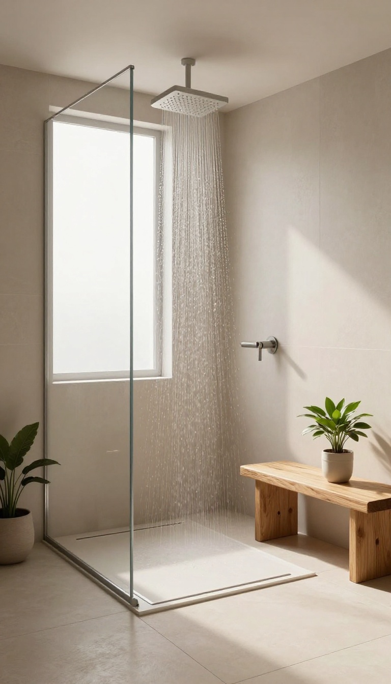 Open walk-in shower with a rain showerhead and linear drain in a bright, modern bathroom