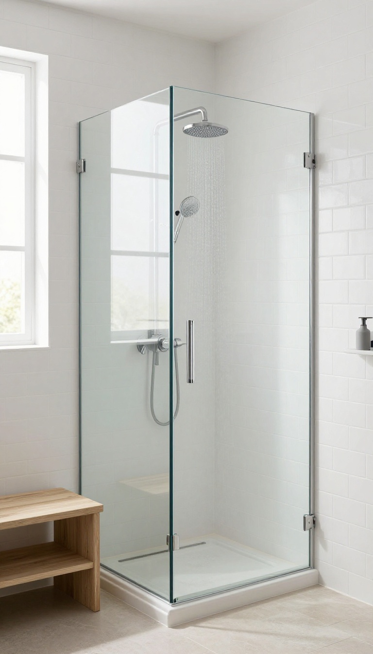 Small bathroom with walk-in shower using a single glass panel for an open, airy feel