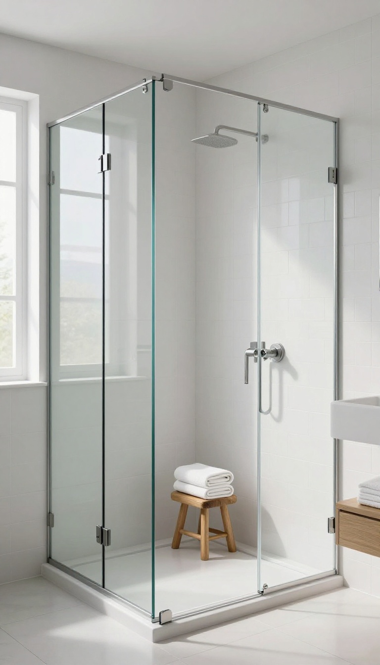 Frameless glass shower enclosure in a bright minimalist bathroom