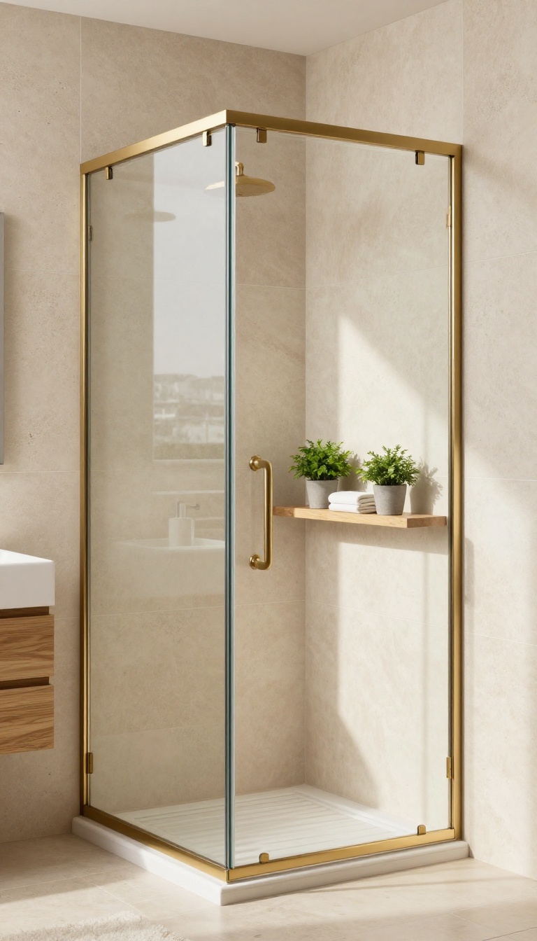 Modern bathroom with brass framed shower screen, neutral tiles, and greenery