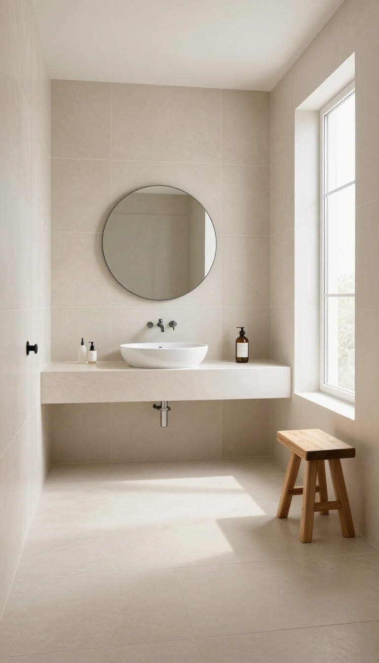 Walk-in shower with large-format beige tiles, no door, seamless look, bright natural light