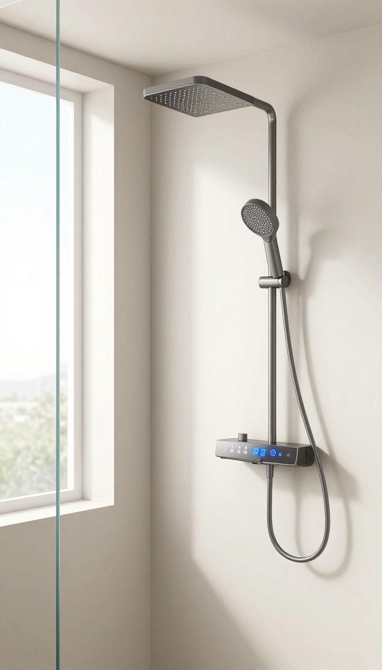 Modern shower stall with a digital control panel