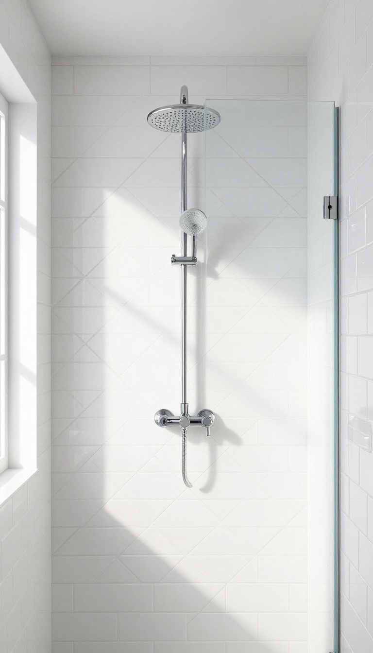 Diagonal subway tile shower with white glossy tiles in a diamond pattern, bright natural light, modern bathroom