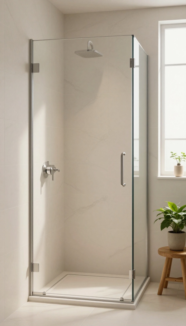 Compact shower-only bathroom with large-format matte tiles in vertical stack pattern, featuring a glass door, chrome fixtures, and natural light