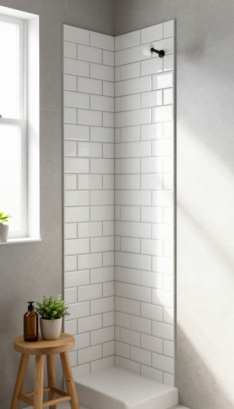 Modern shower niche with vertical subway tiles, beveled edges, and dark grout, styled with wooden stool and glass bottles.