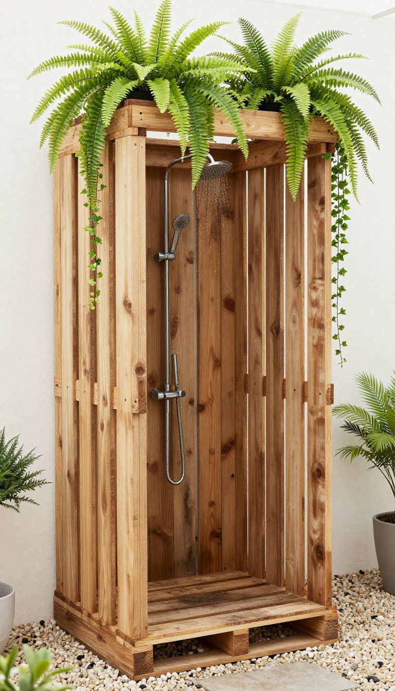 Rustic pallet wood outdoor shower with hanging plants in a backyard