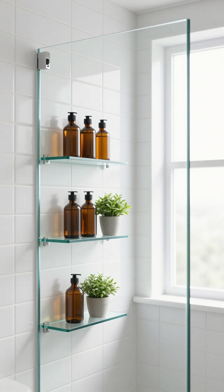 Glass shelf in a bright shower with toiletries and a plant on white subway tile