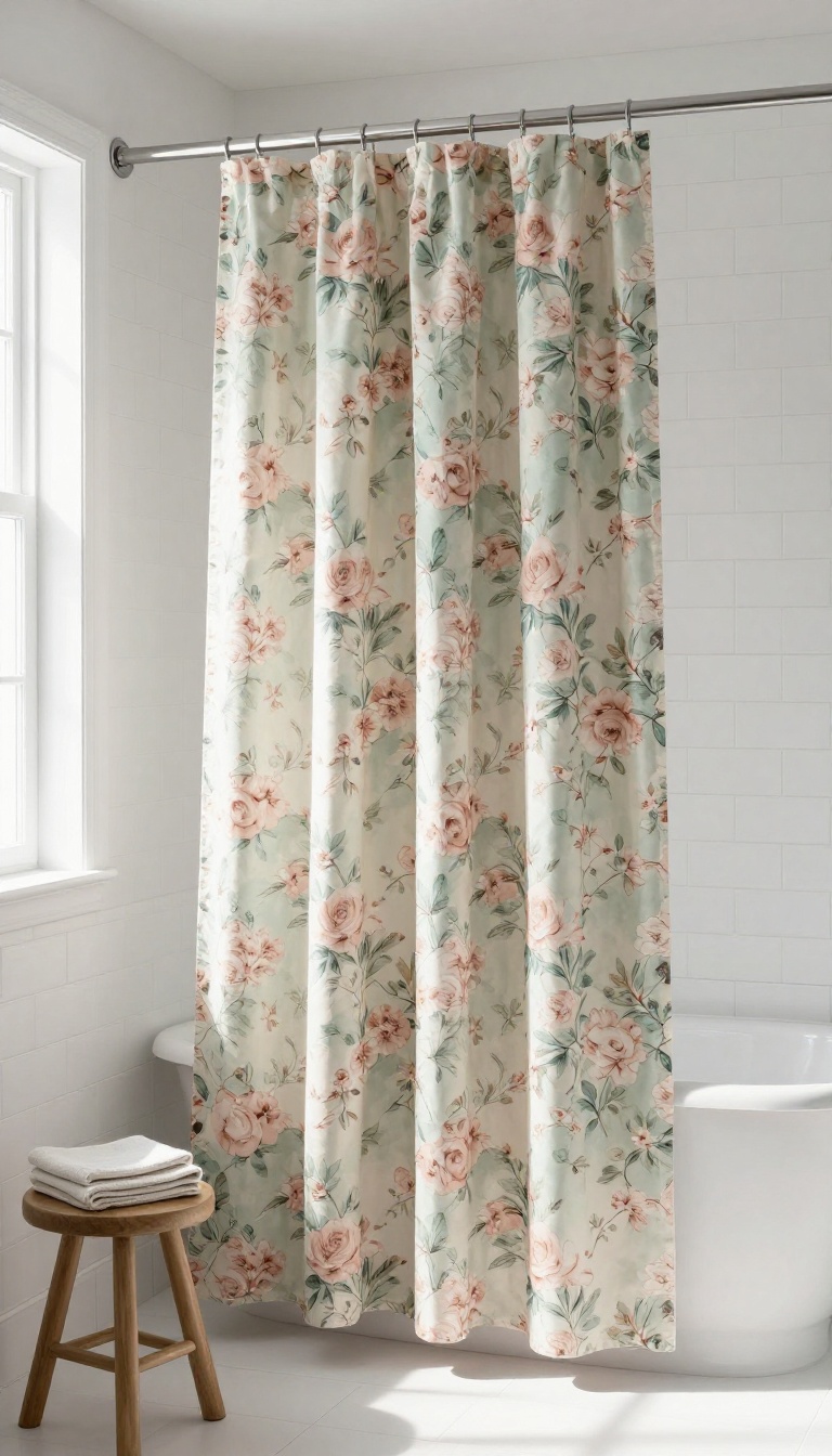 Extra-long vintage floral shower curtain in a bright, classic bathroom