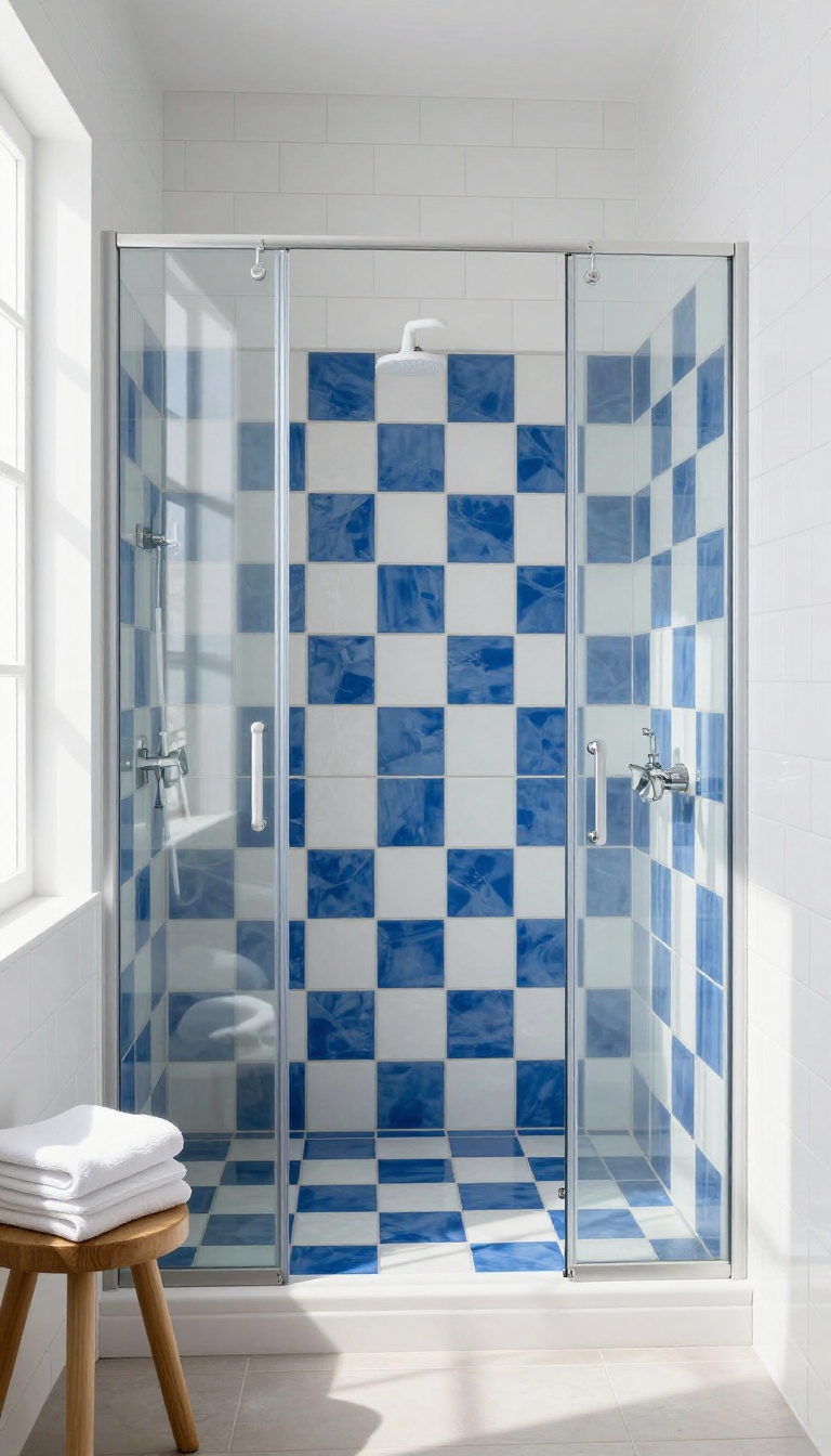Bright bathroom shower with blue and white checkerboard tiles, white fixtures, and natural light
