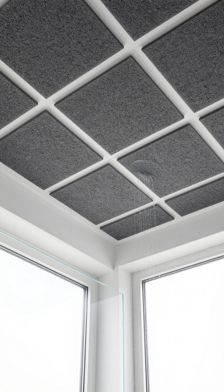 Modern bathroom ceiling with acoustic panels in a grid pattern, designed for sound absorption in a shower area.