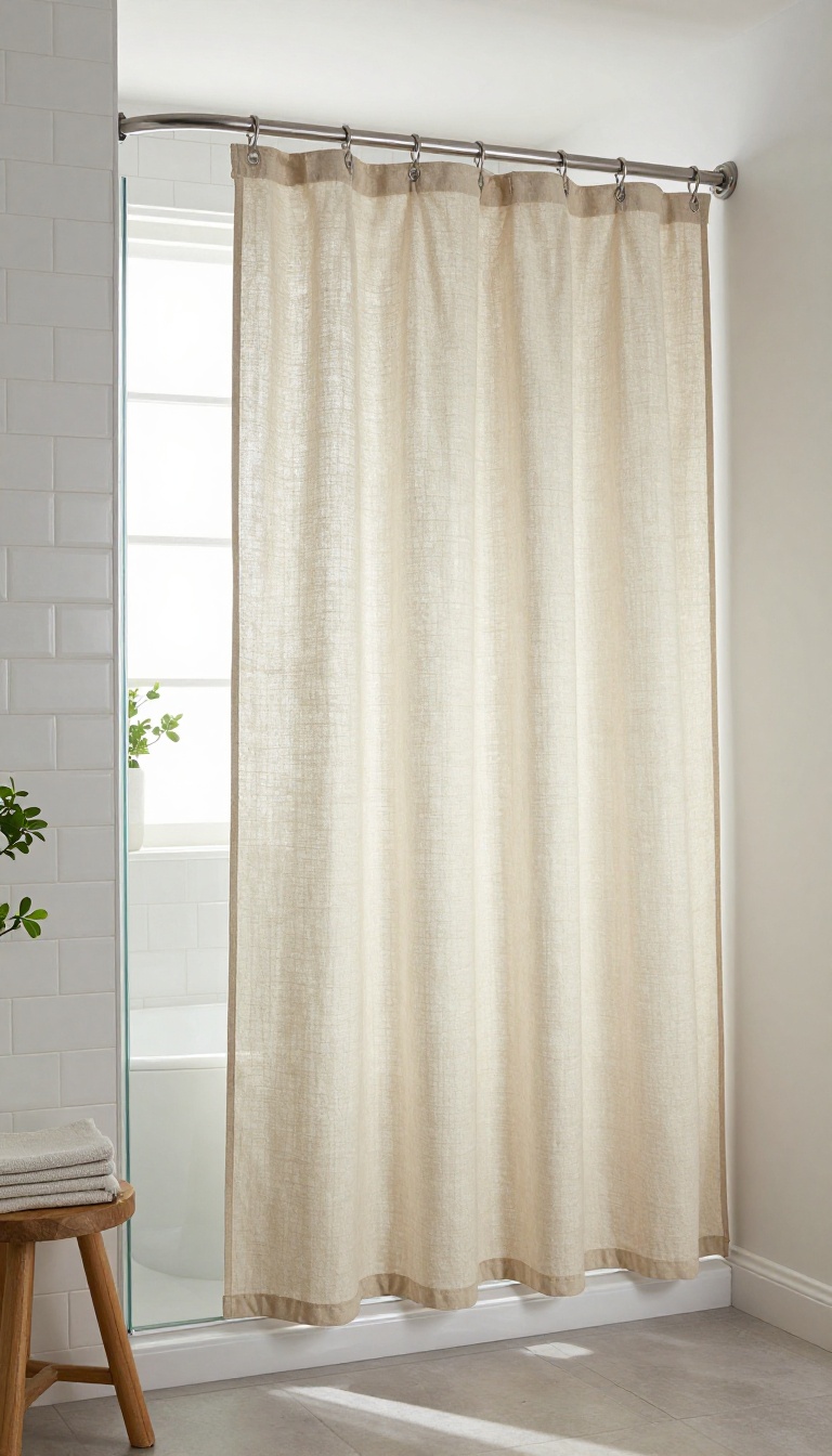 Custom-sized beige linen shower curtain covering an oddly shaped glass shower door in a bright, clean bathroom.