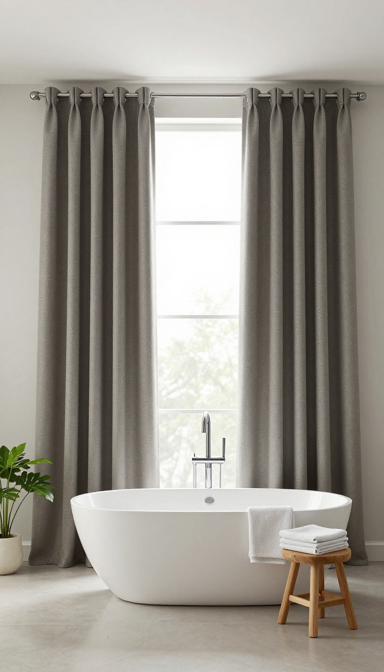 Modern bathroom with extra-long blackout curtains drawn closed for privacy and light control, featuring a bathtub, wooden stool, towels, and a plant.