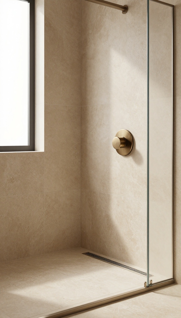 Modern curbless walk-in shower with a brushed bronze linear drain cover on a stone tile floor, highlighting the drain as a design feature.