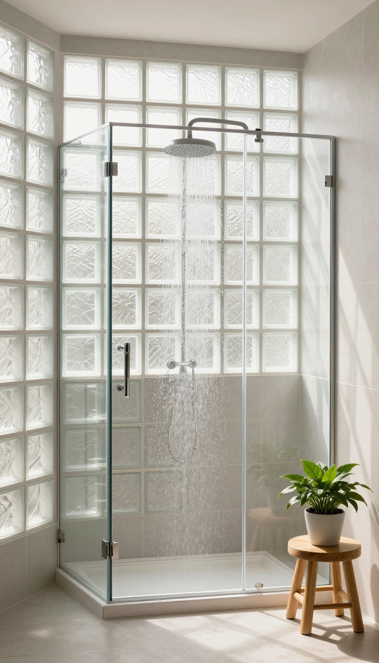 A small bathroom shower with a glass block window letting in soft, diffused light, creating a bright and private space.