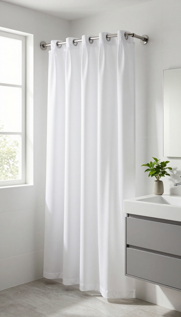 Grommet top shower curtain in a bright modern bathroom