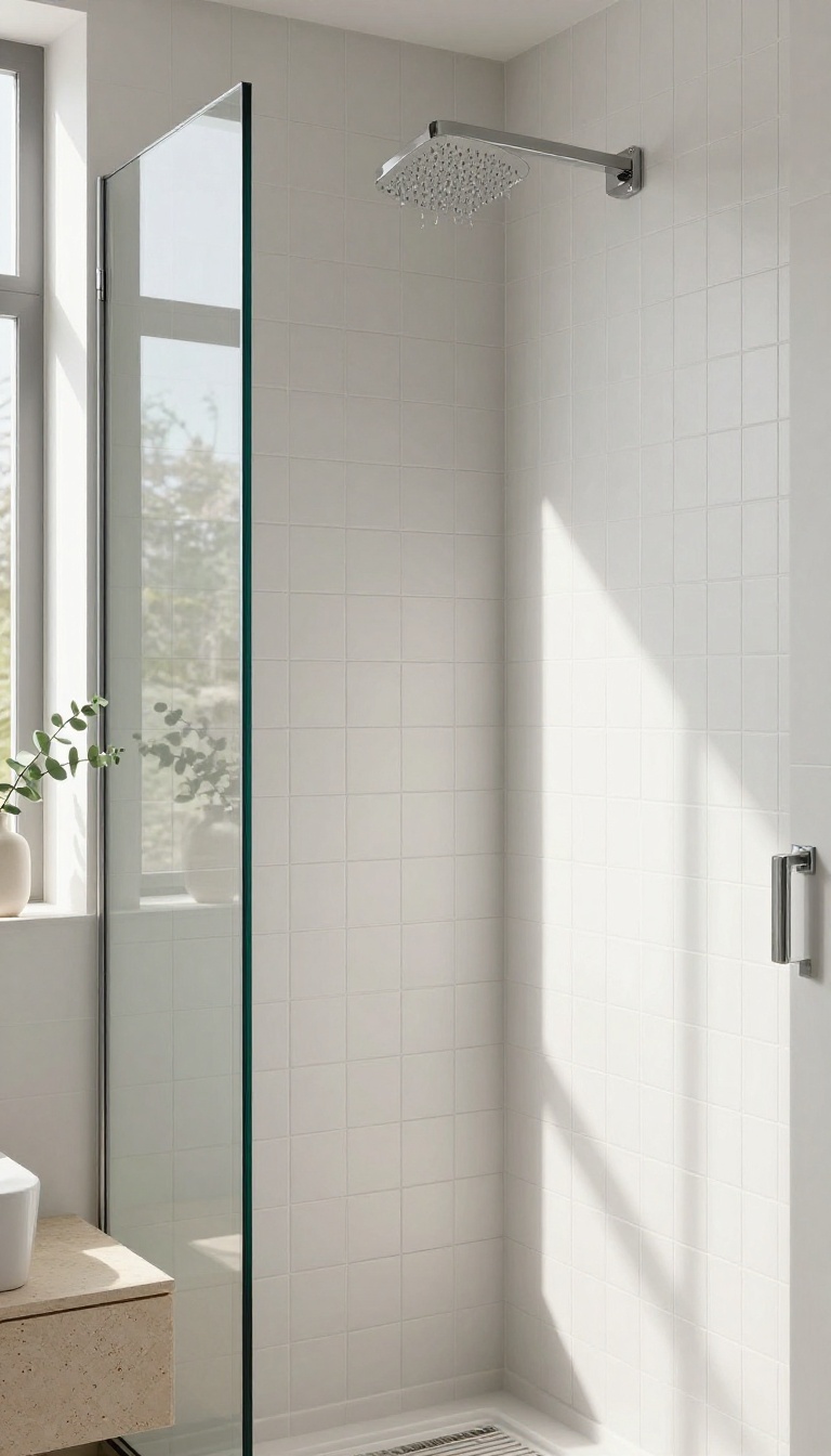 Modern bathroom shower with vertical stacked rectangular tiles in a brick offset pattern, creating a sense of height and clean lines.