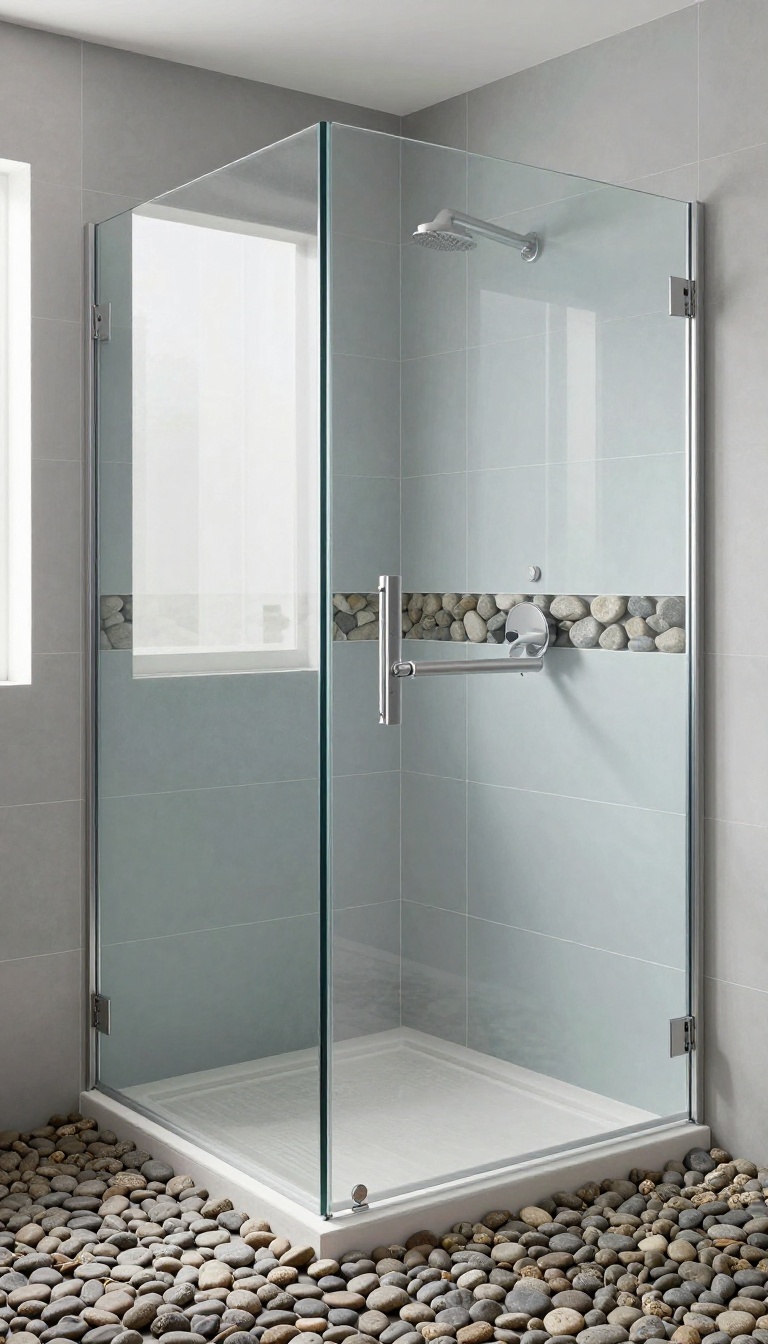 Modern shower with river rock floor and glass tile walls, blending natural stone with glossy glass for a bright, textured look.