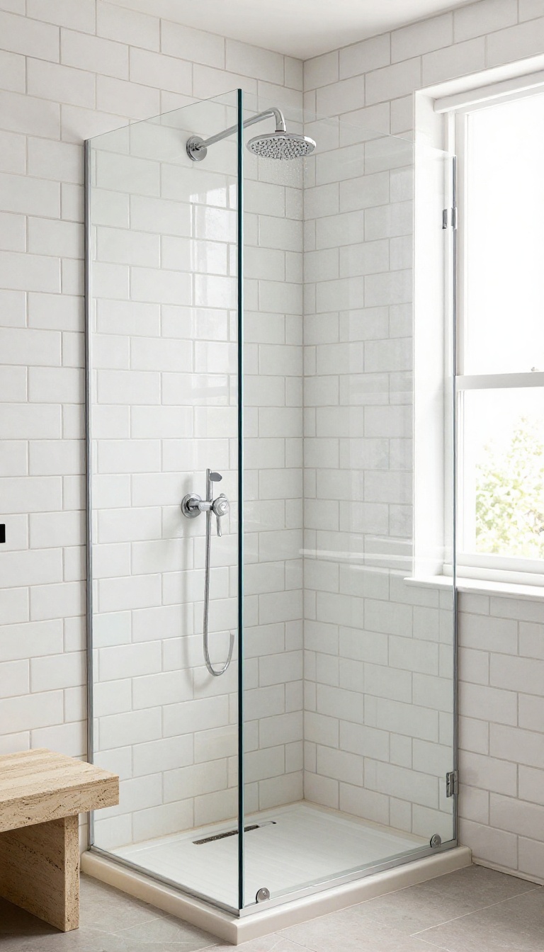 Modern bathroom shower with white subway tiles in herringbone pattern and dark grout, featuring glass enclosure and rainfall showerhead