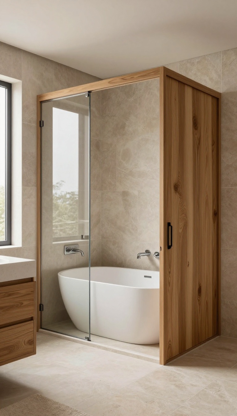 Modern bathroom with a wood-framed glass shower partition, combining warm wood tones with clear glass for an elegant, spa-like look.
