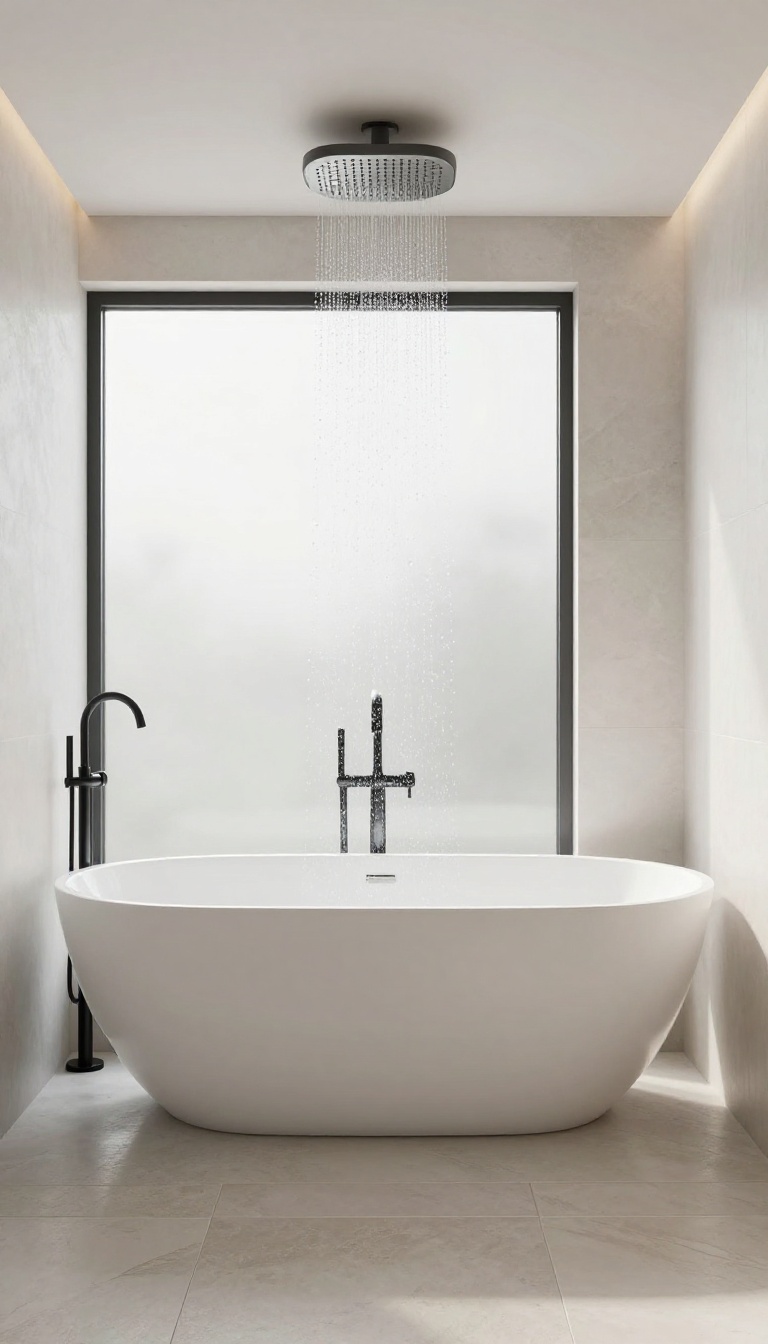 Freestanding tub with a ceiling-mounted rainfall shower in a bright, modern bathroom