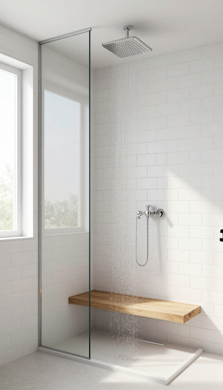 Modern bathroom shower with a mirrored acrylic ceiling reflecting the tiled walls and shower fixtures, creating an illusion of more space.
