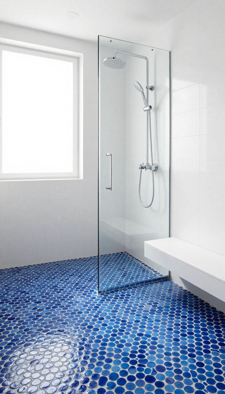 Blue penny tile shower floor with white walls in a bright bathroom