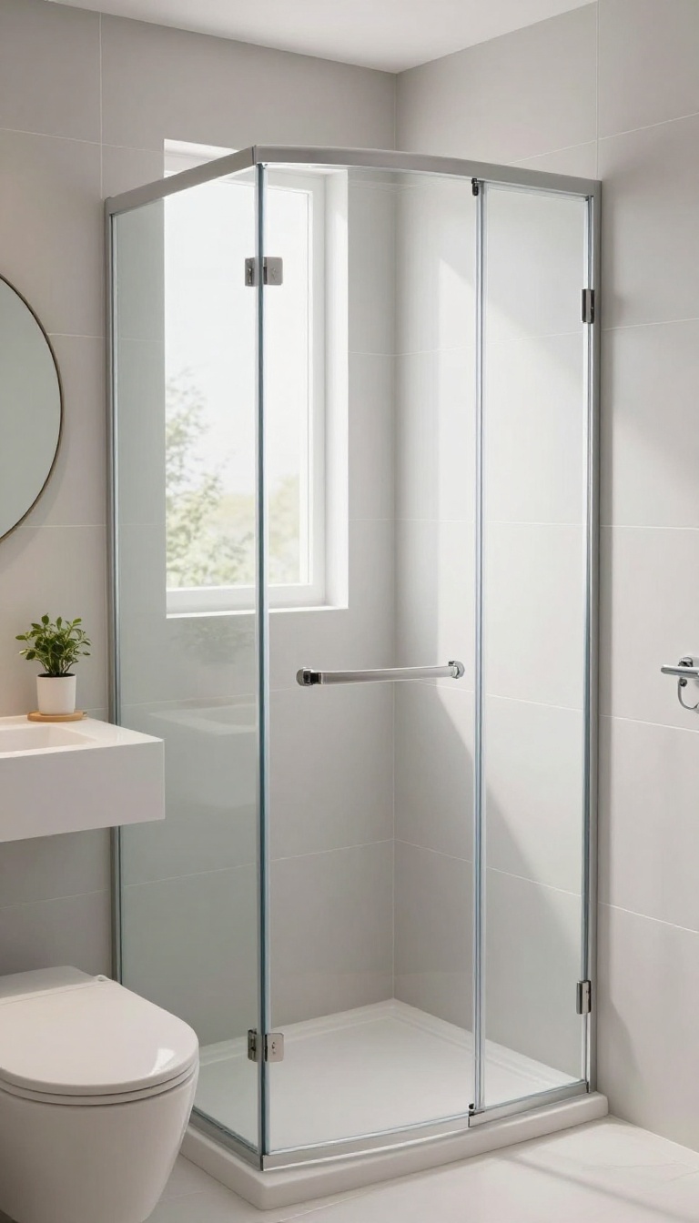 Small bathroom with a corner shower, glass enclosure, and compact vanity in bright natural light