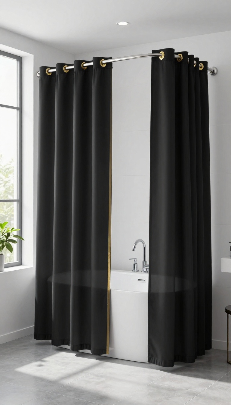 Black shower curtain with gold accents in a bright, elegant bathroom
