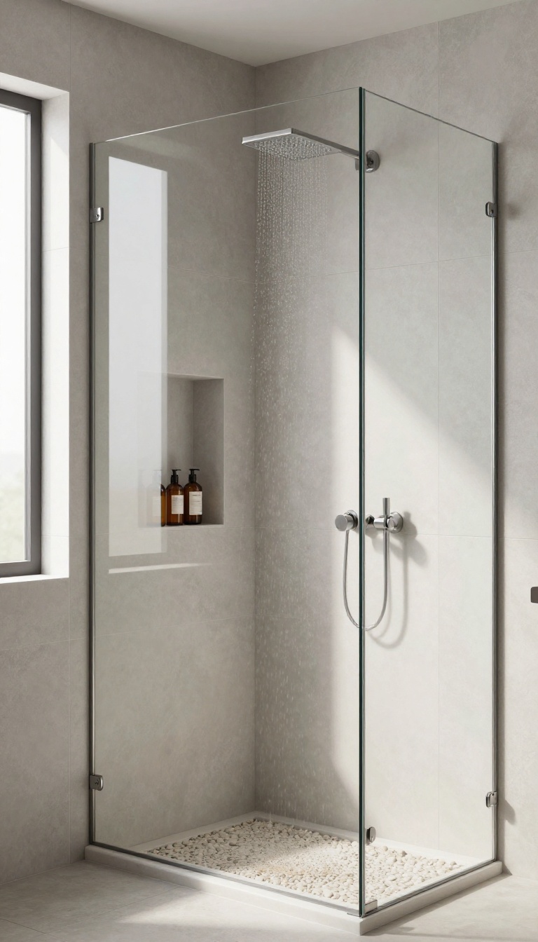 Modern walk-in shower with a built-in niche holding shampoo bottles on a gray tile wall