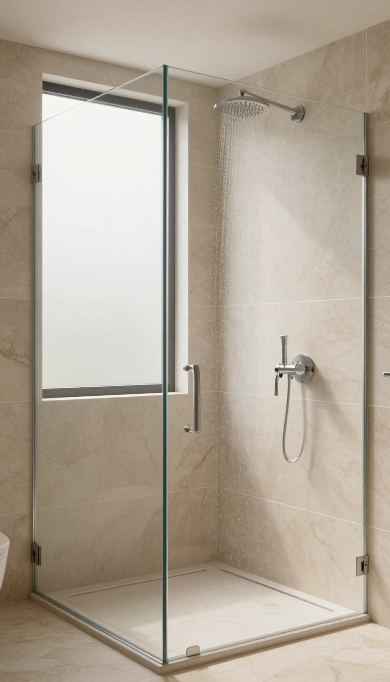 Luxurious master shower with large-format beige marble-look tiles, minimal grout lines, and a rainfall showerhead in a spa-like setting.