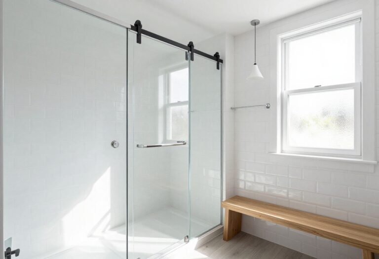 Small bathroom with a glass shower cubicle and sliding barn door