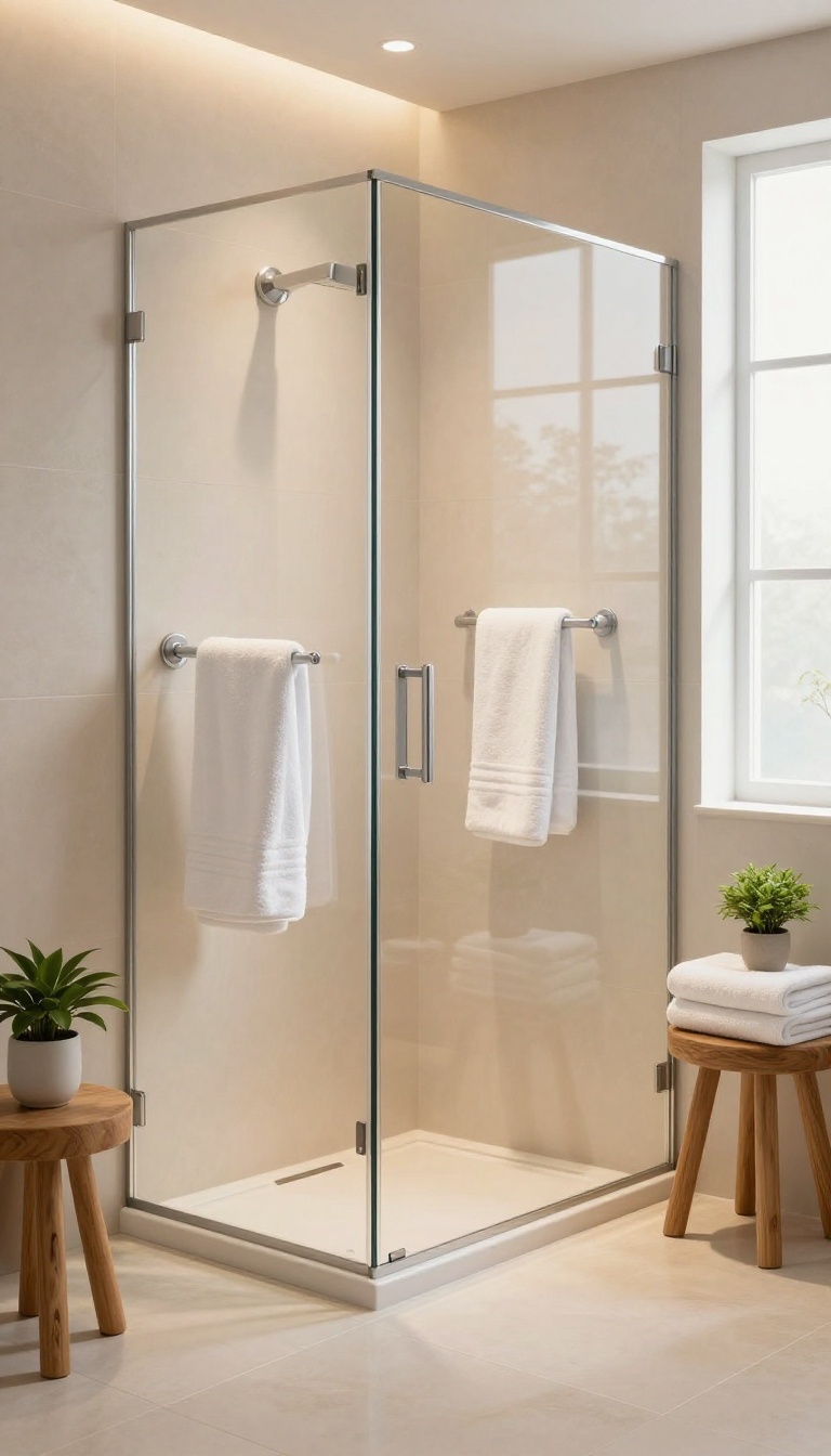 Modern bathroom with heated floor and towel warmer beside a stand-up shower