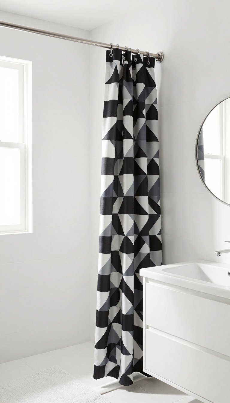 Modern bathroom with black and white geometric shower curtain