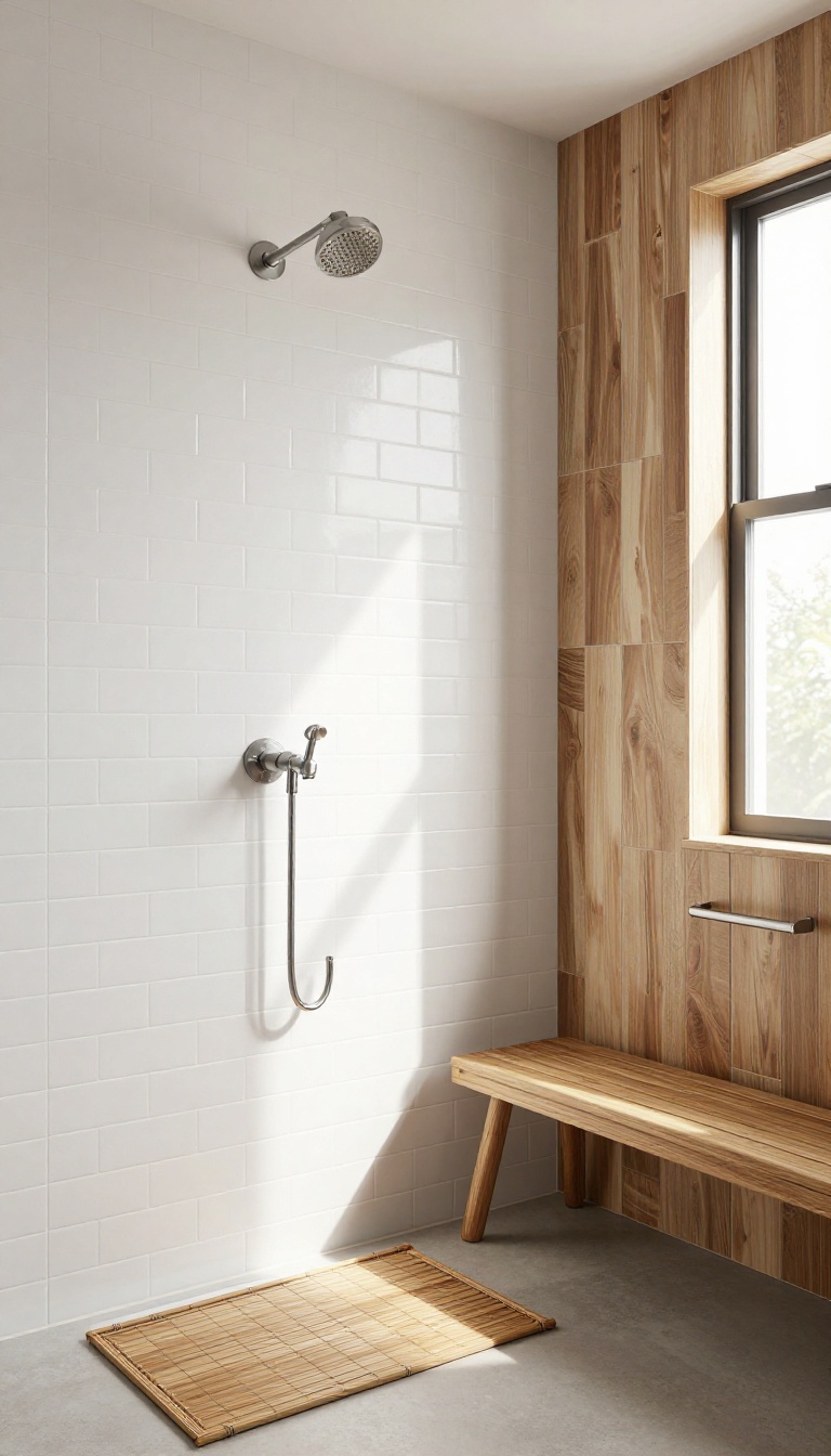 White subway tile shower with wood-look accent wall, teak bench, and natural light