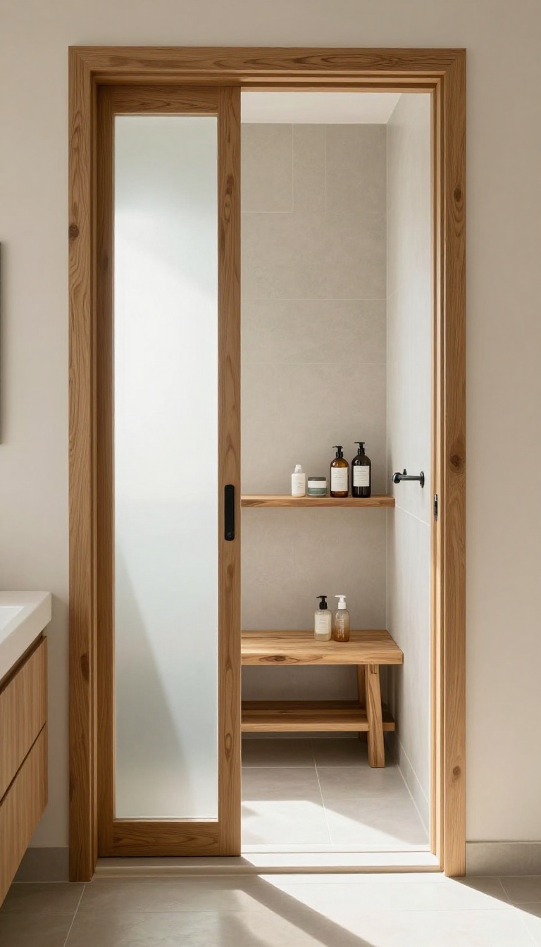 Bathroom with frosted glass shower door framed in warm teak wood, featuring a wooden bench and shelf, bright natural light, spa-like atmosphere.