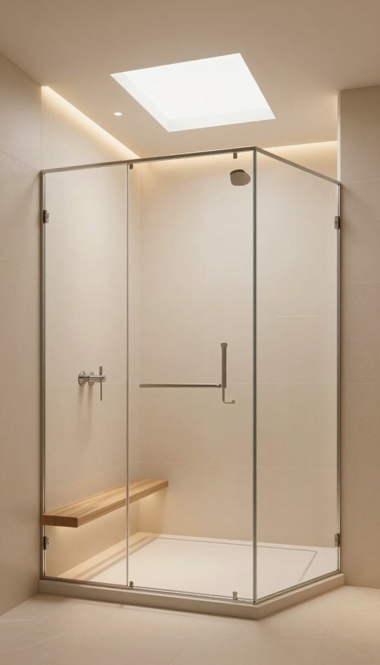 Curbless walk-in shower with soft diffused lighting from recessed fixtures and a skylight, creating a warm and inviting atmosphere.
