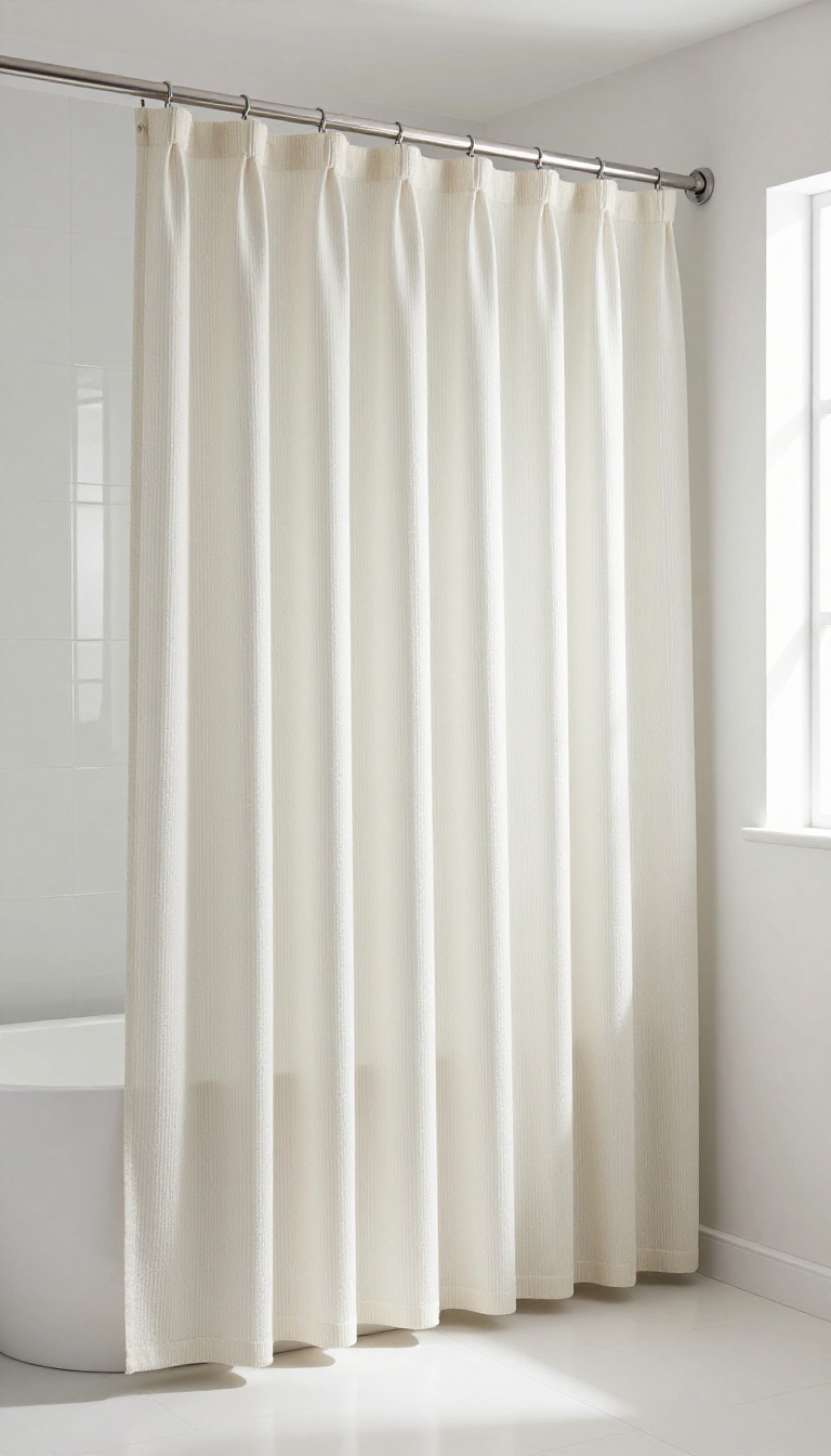 Bathroom with a long vertical-striped shower curtain that makes the ceiling feel higher