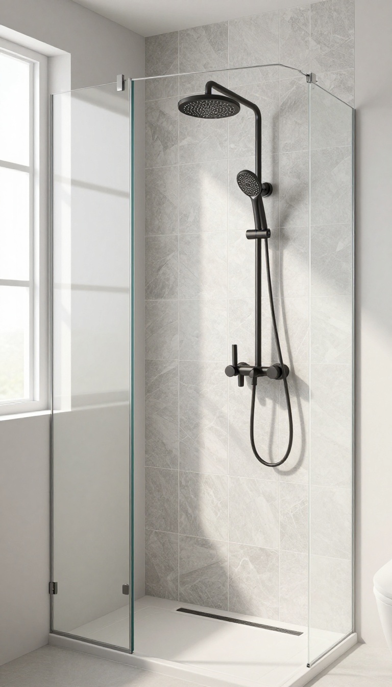 Modern shower stall with peel-and-stick tile accent wall in a bright, minimalist bathroom.