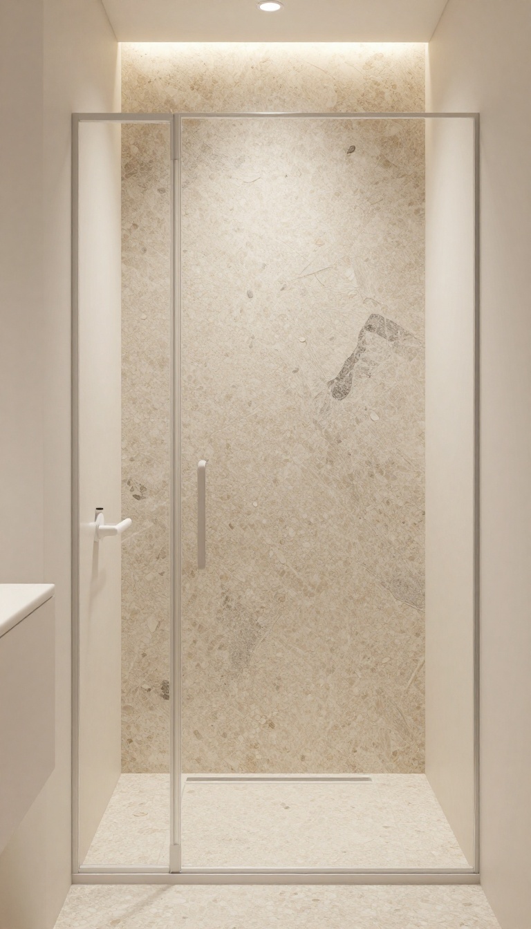 Close-up view of a pebble tile shower floor in a bright, modern bathroom, showcasing a natural, spa-like texture.