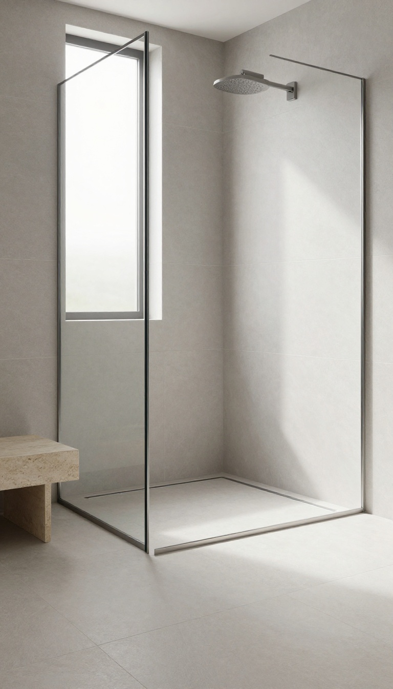 Modern shower stall with a sleek linear drain and seamless large-format tiles