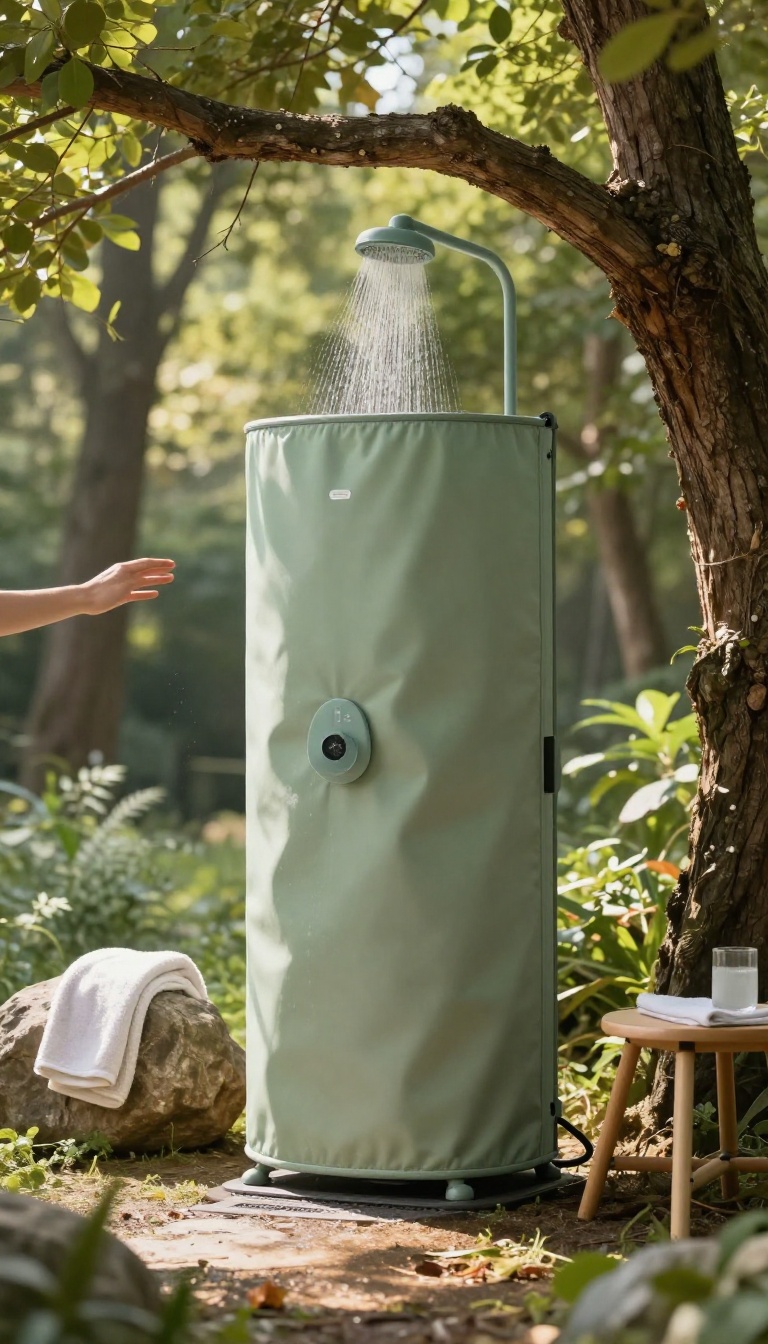 Modern solar shower bag hanging from a tree in a sunlit forest, with a hand adjusting the nozzle and a gentle spray of water.
