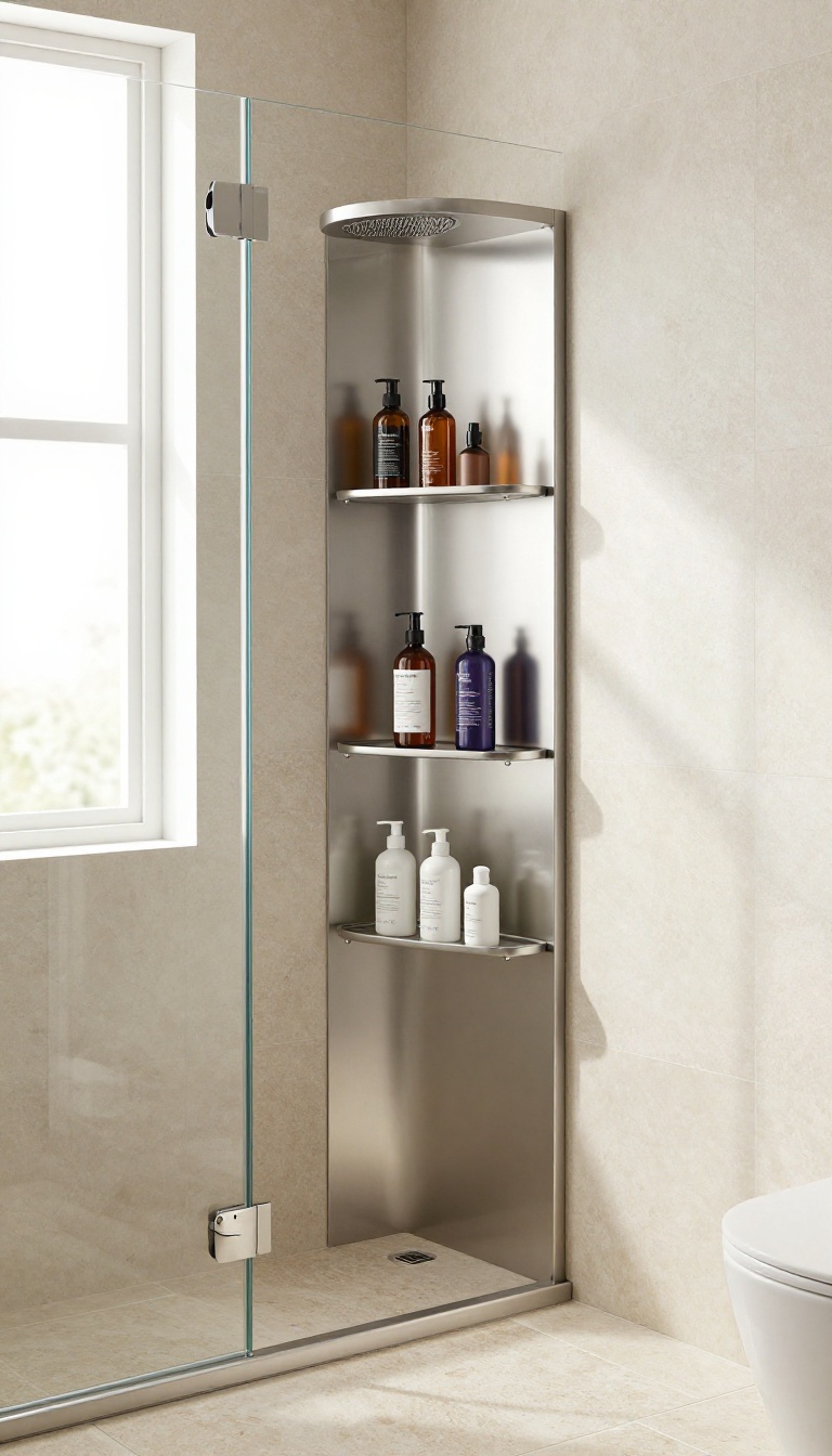 A stainless steel corner caddy in a modern shower, maximizing corner space with neatly organized bottles.