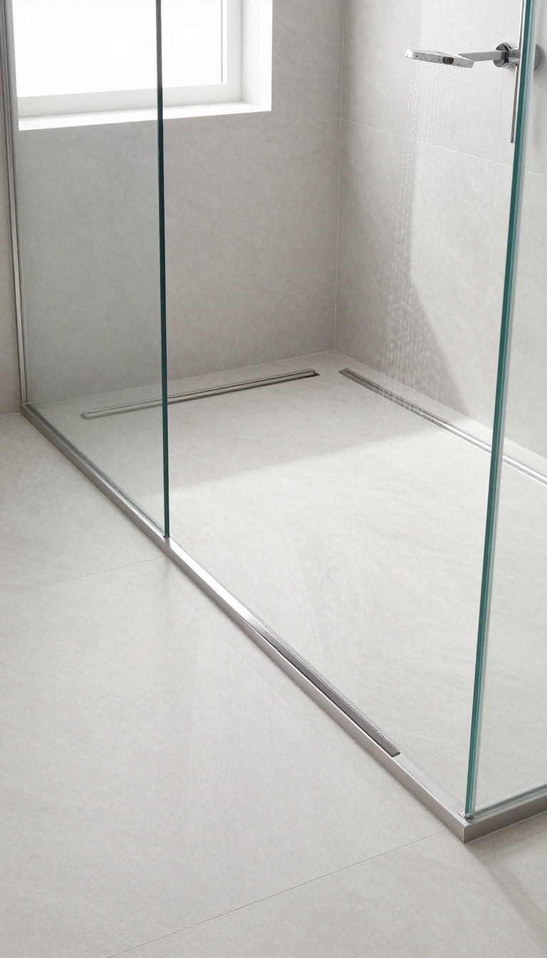 Modern shower floor with linear drain and matching tile insert, seamless and clean