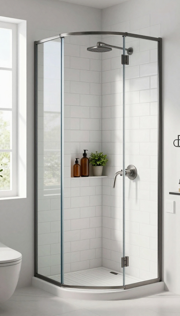 Modern shower with built-in tile niche holding bottles and plant
